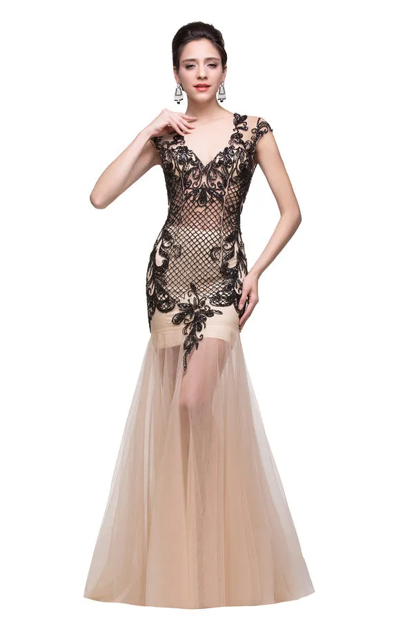 Champagne V-Neck Mermaid Floor-length Prom Dresses