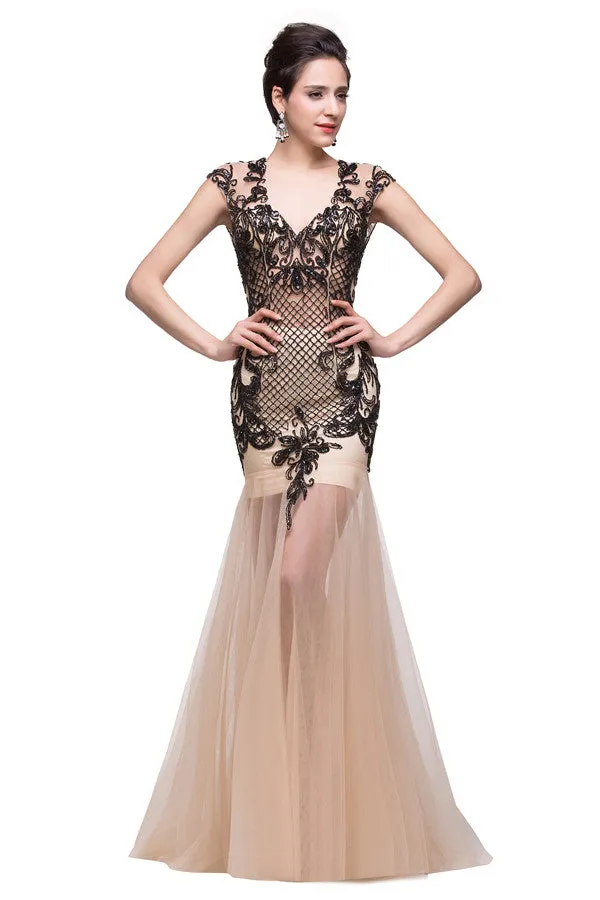 Champagne V-Neck Mermaid Floor-length Prom Dresses