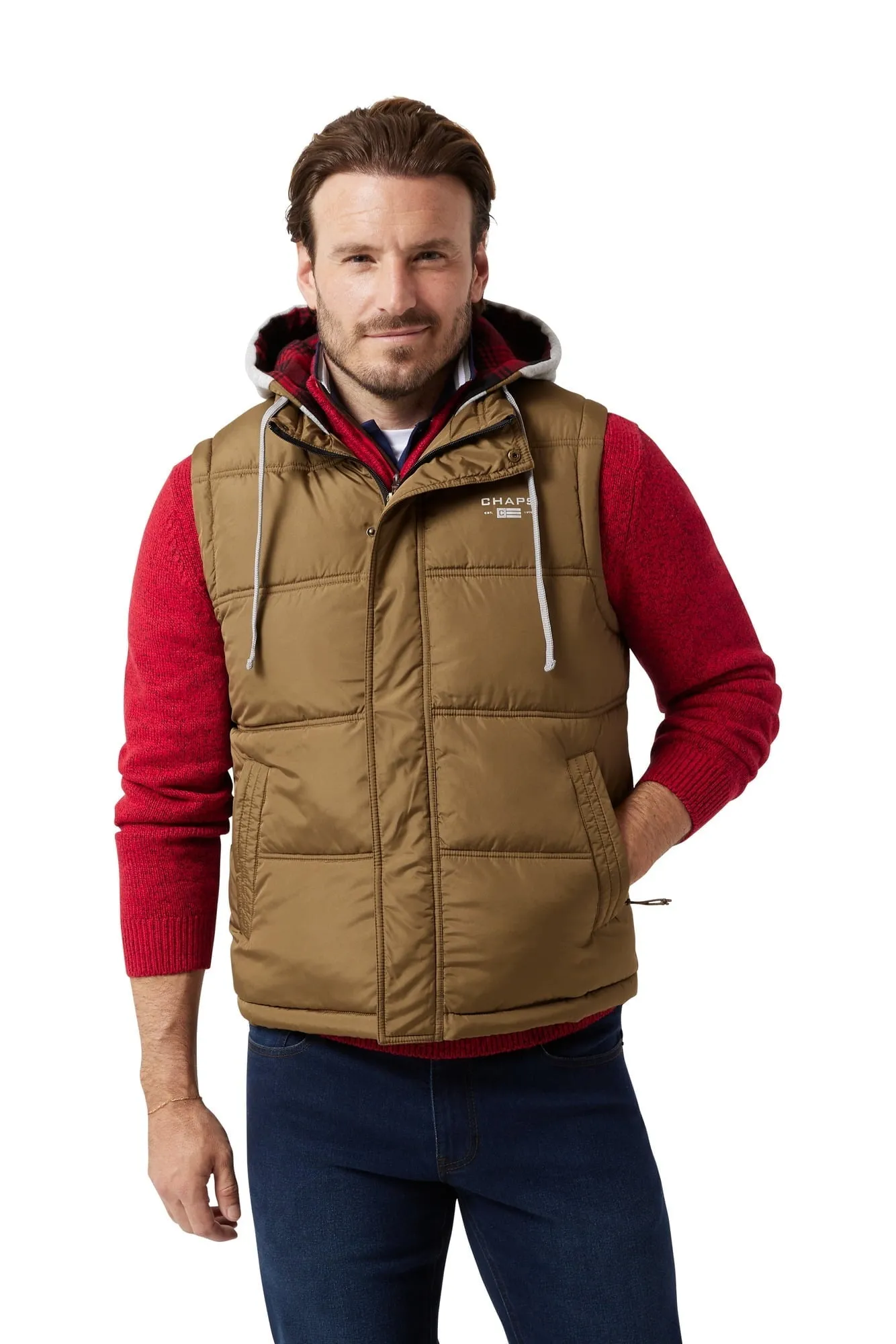 Chaps Men's & Big Men's Flannel Lined Hooded Puffer Vest Jacket