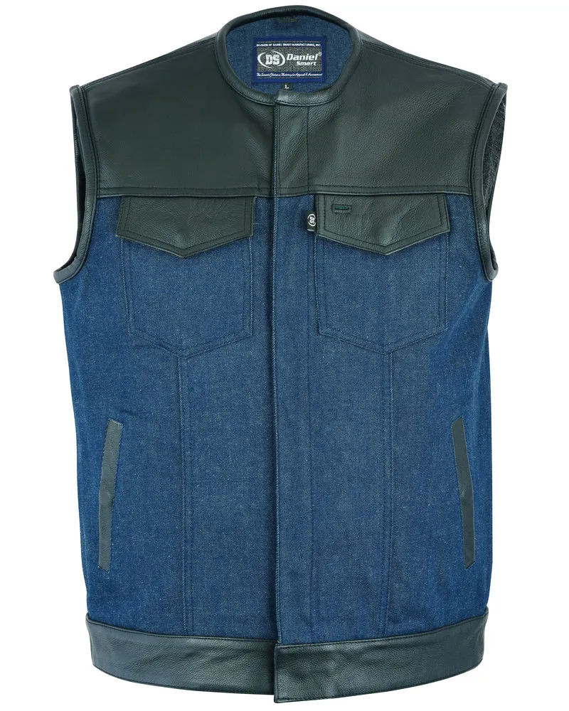 DM933 Men's Leather/Denim Combo Vest (Black/Broken Blue)