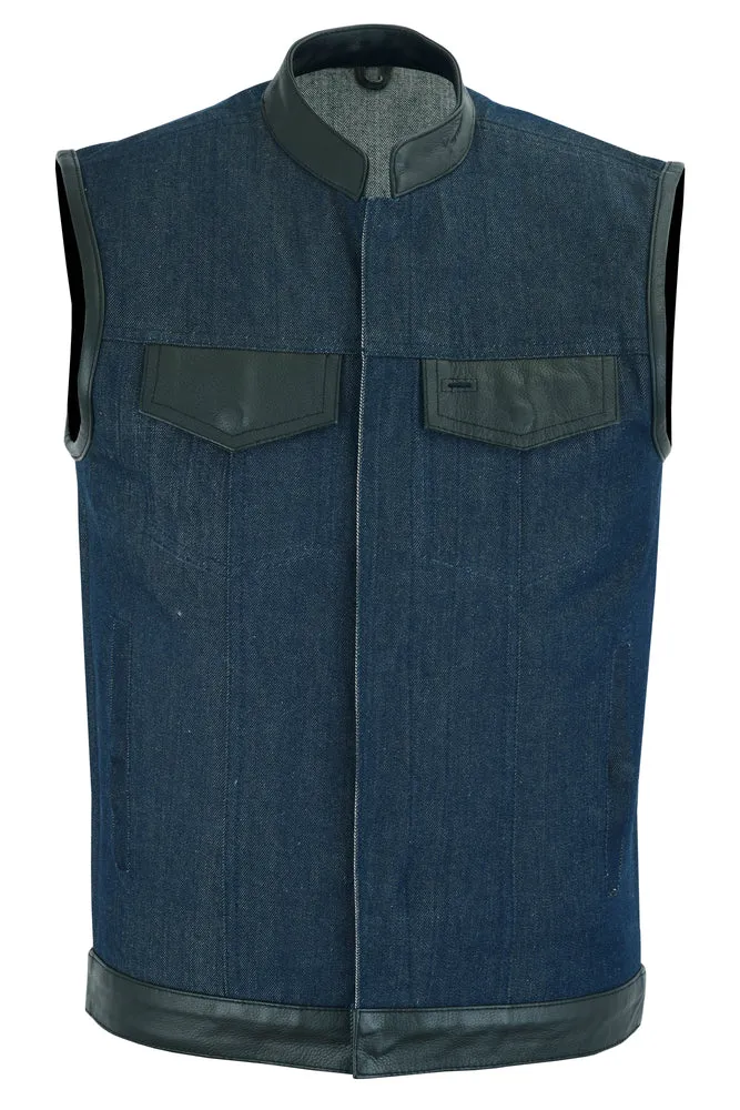 DM961 Men's Broken Blue RoughRub-Off Raw Finish Denim Vest W/Leather