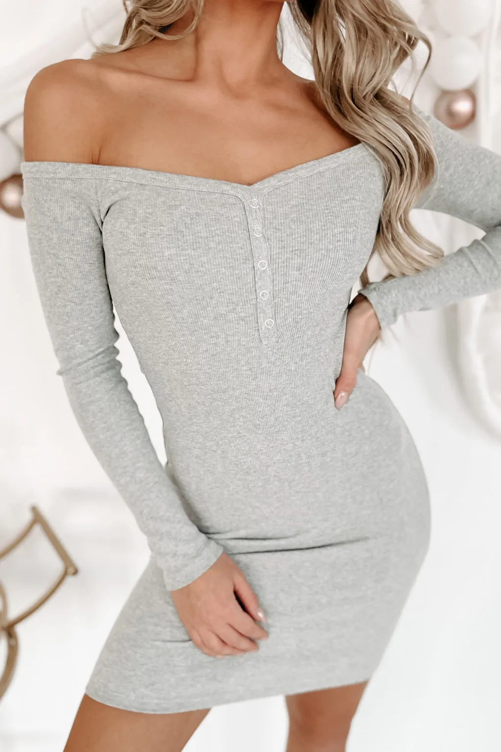 Doorbuster- Somebody New Ribbed Henley Bodycon Dress (Heather Grey)