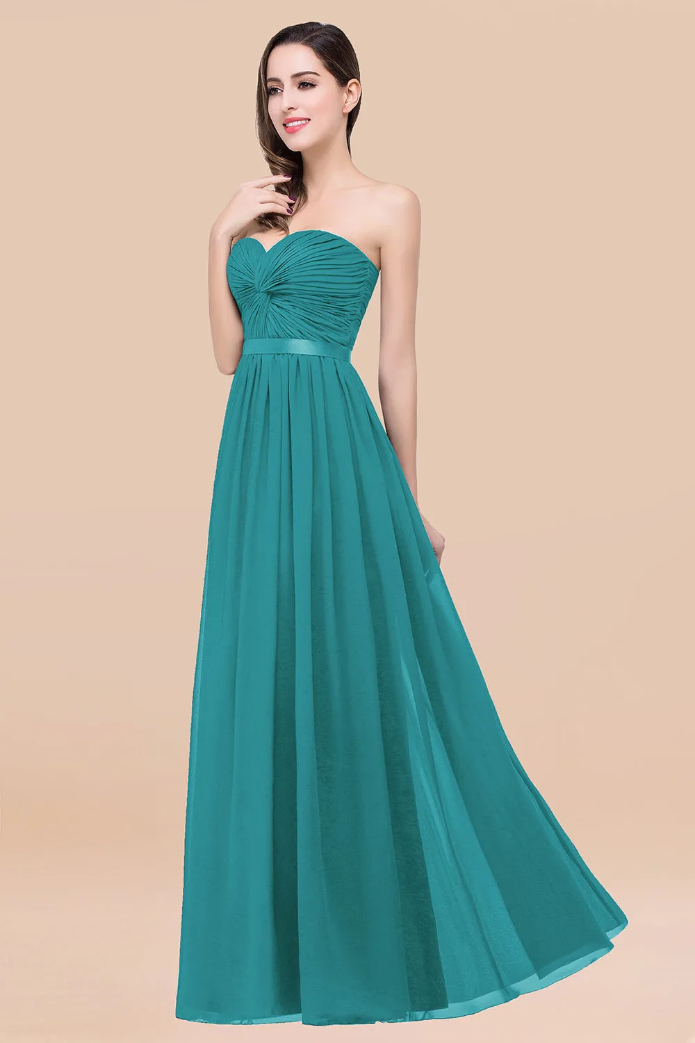 Elegant A-Line Chiffon Sweetheart Long Bridesmaid Dress with Ribbon