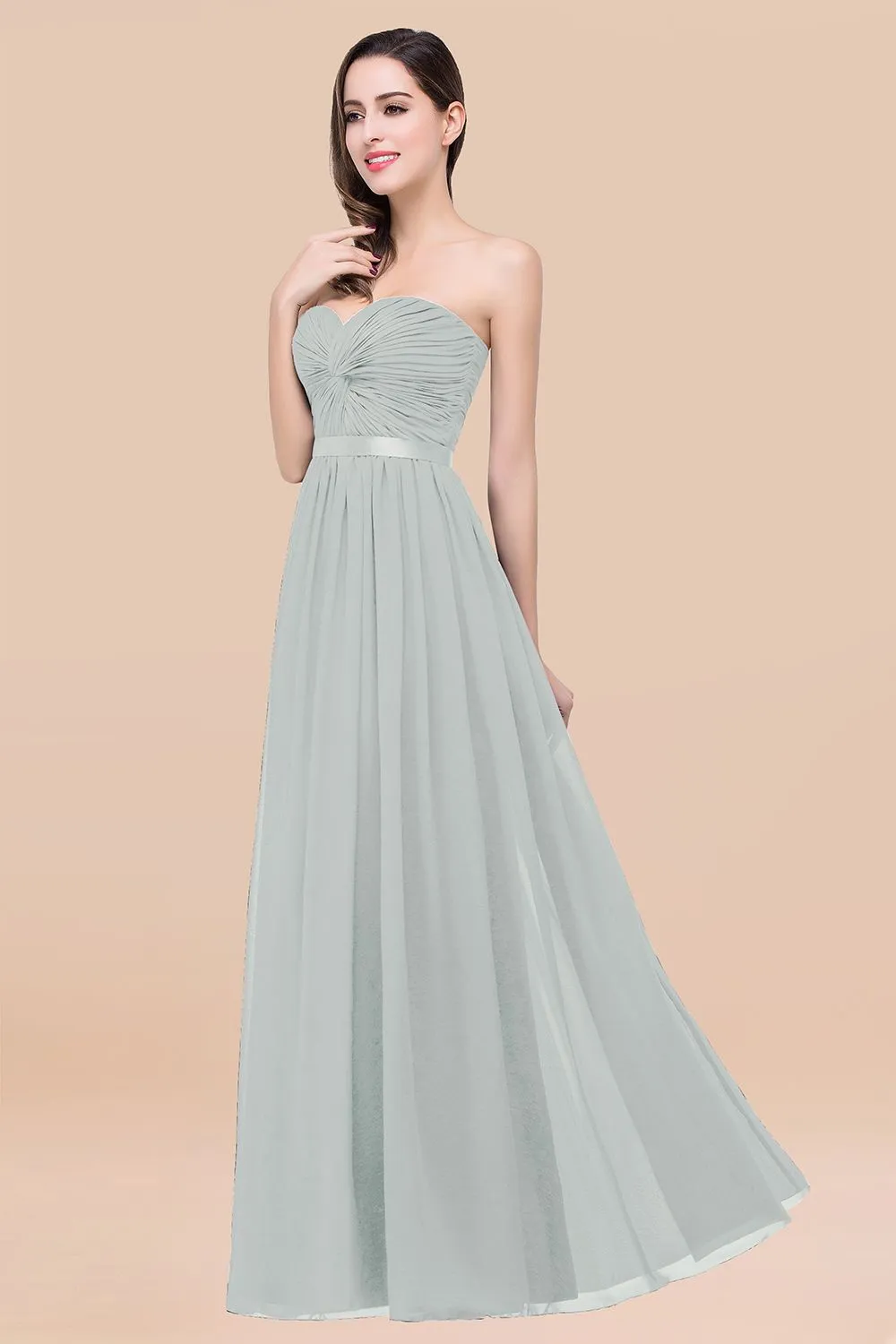 Elegant A-Line Chiffon Sweetheart Long Bridesmaid Dress with Ribbon