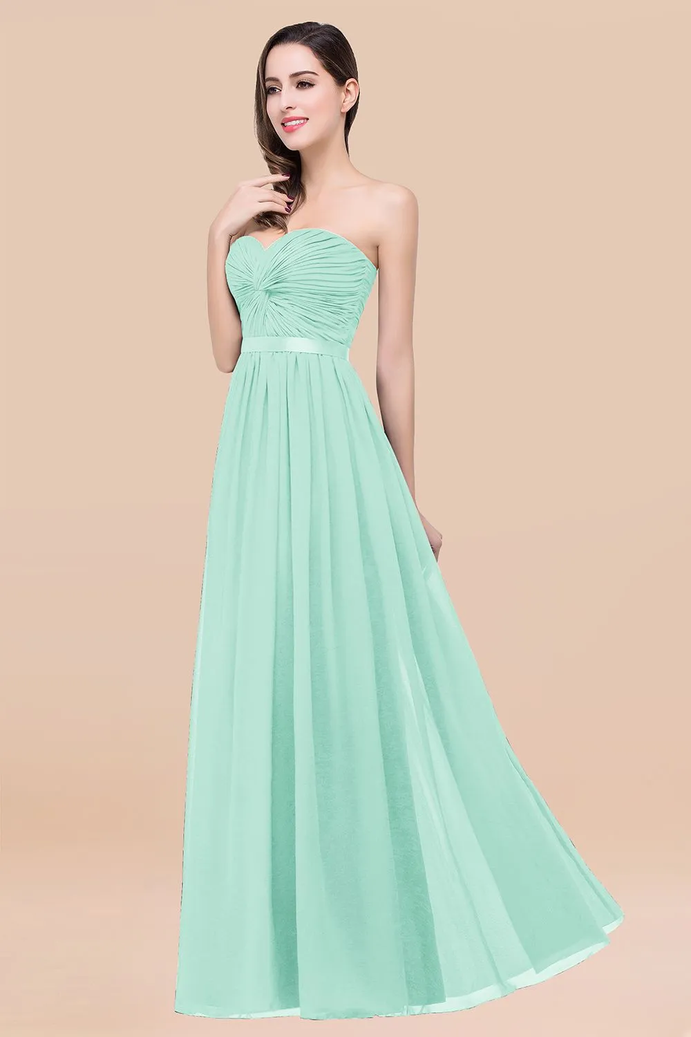 Elegant A-Line Chiffon Sweetheart Long Bridesmaid Dress with Ribbon