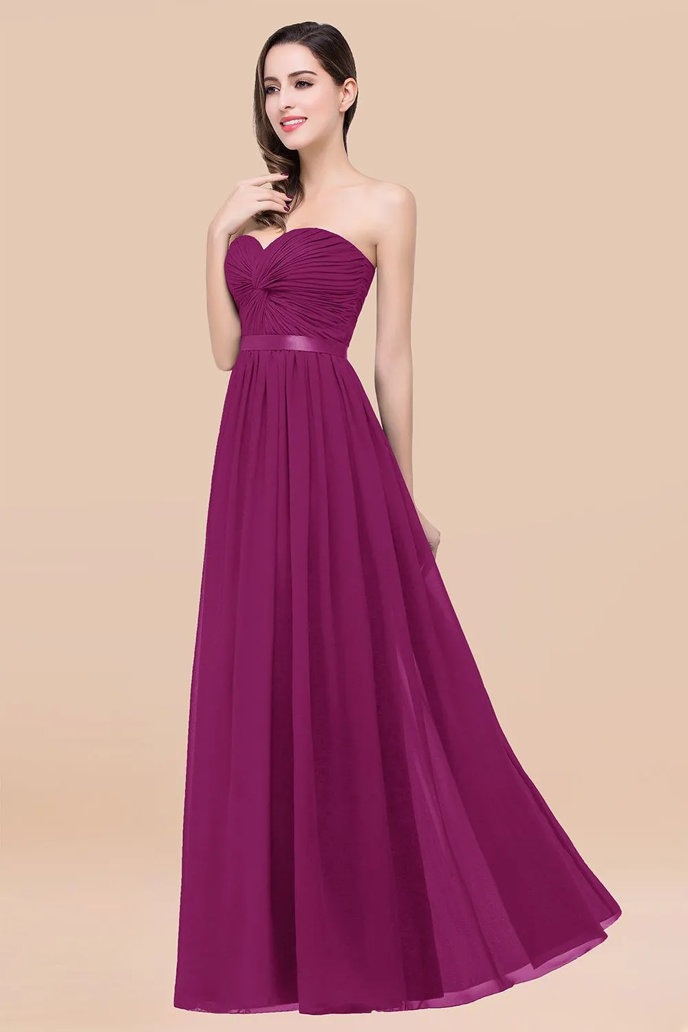 Elegant A-Line Chiffon Sweetheart Long Bridesmaid Dress with Ribbon