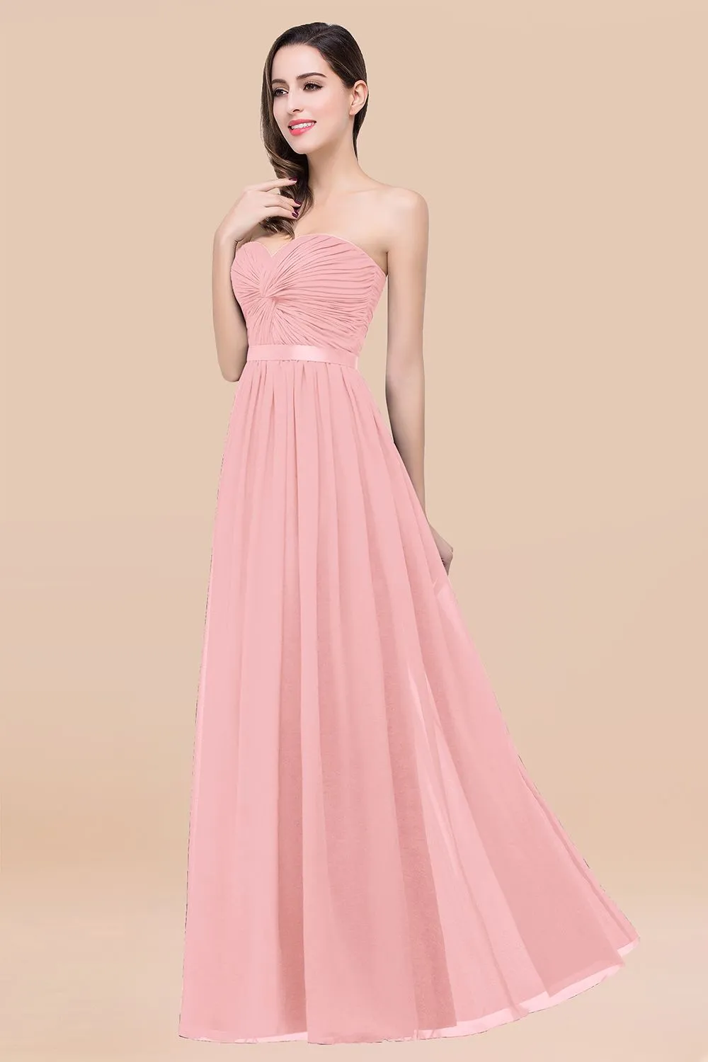 Elegant A-Line Chiffon Sweetheart Long Bridesmaid Dress with Ribbon