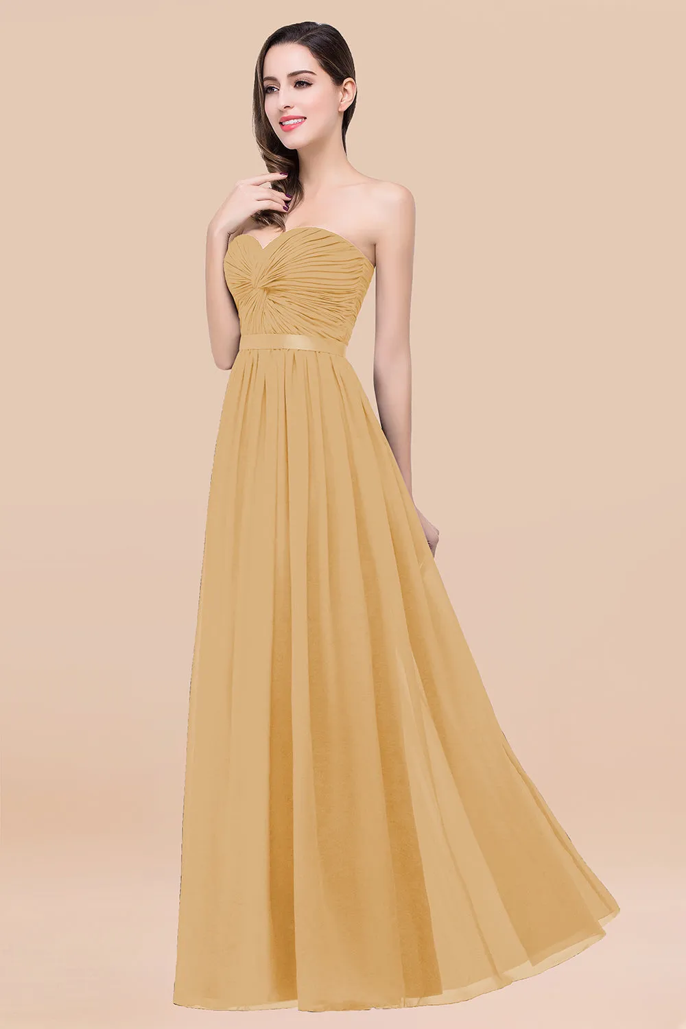 Elegant A-Line Chiffon Sweetheart Long Bridesmaid Dress with Ribbon