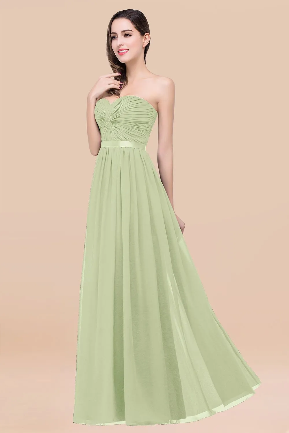 Elegant A-Line Chiffon Sweetheart Long Bridesmaid Dress with Ribbon