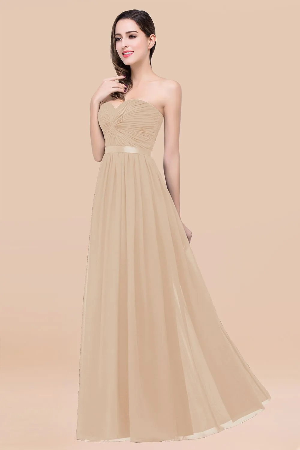 Elegant A-Line Chiffon Sweetheart Long Bridesmaid Dress with Ribbon