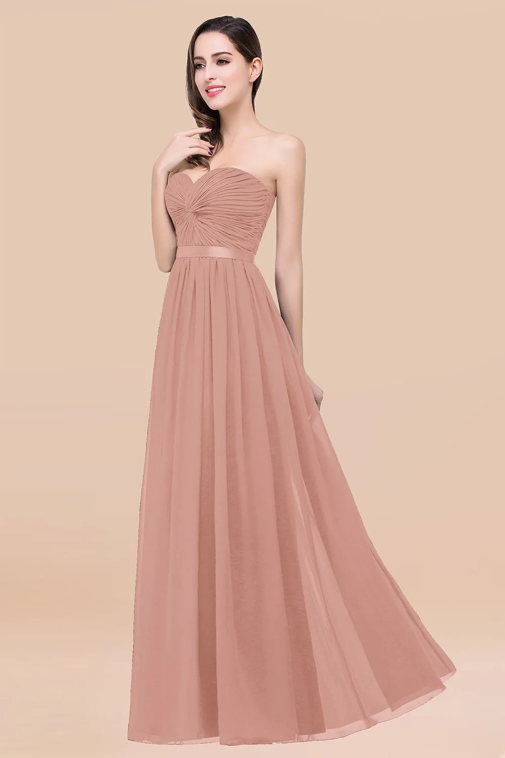 Elegant A-Line Chiffon Sweetheart Long Bridesmaid Dress with Ribbon