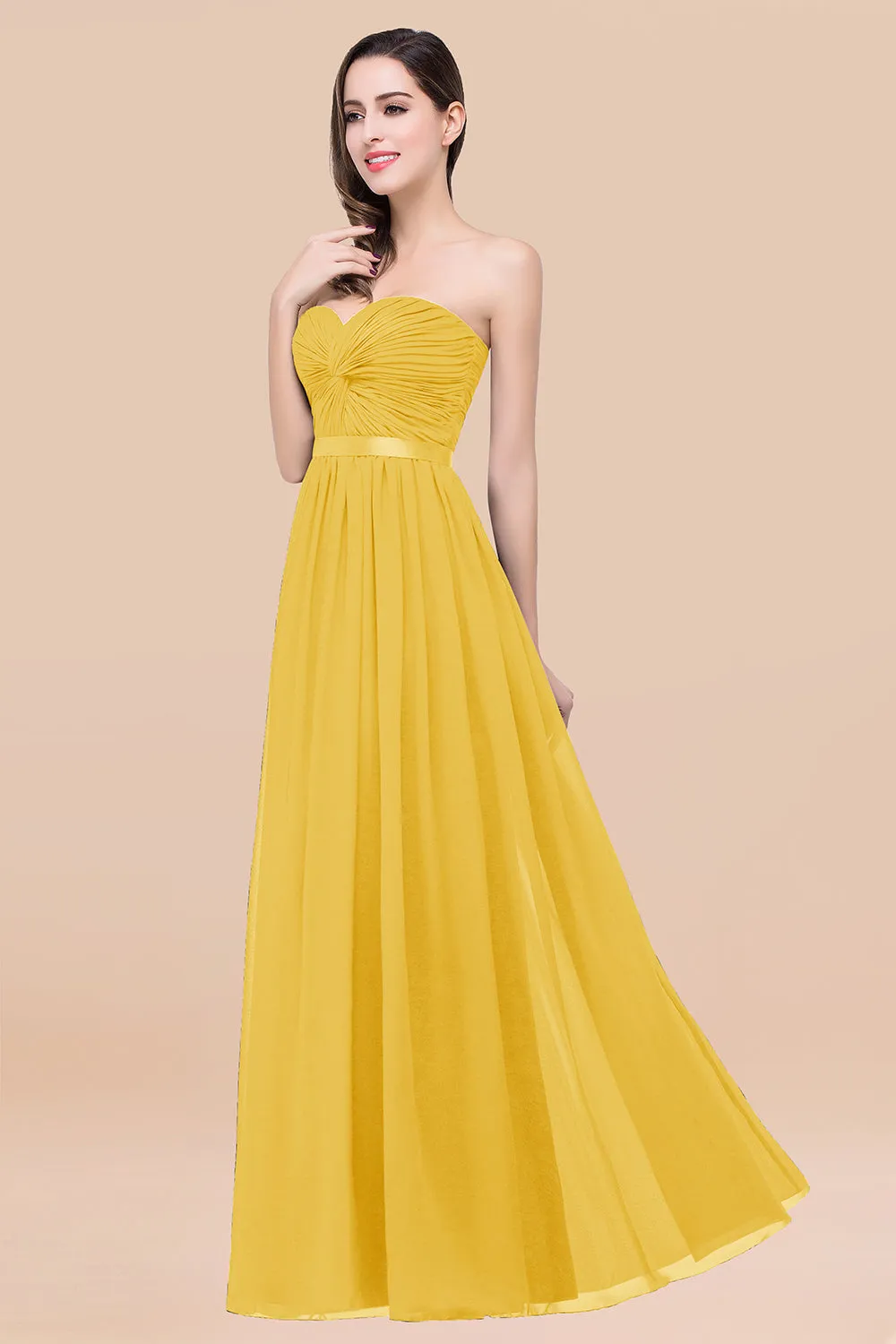 Elegant A-Line Chiffon Sweetheart Long Bridesmaid Dress with Ribbon