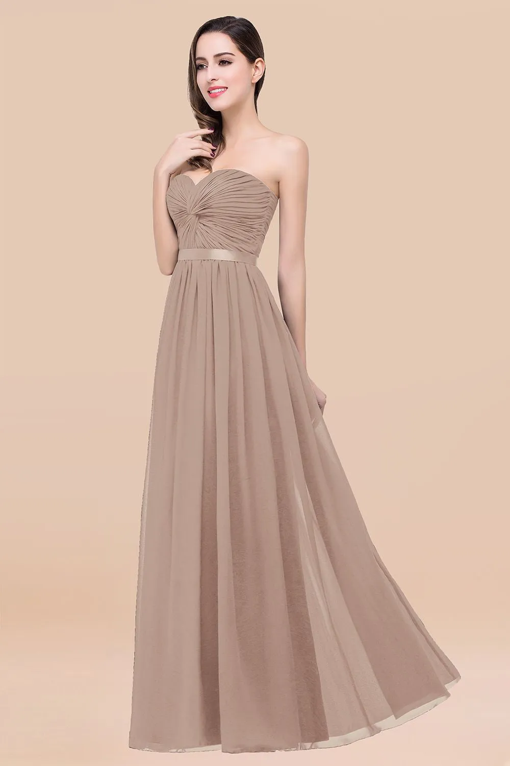 Elegant A-Line Chiffon Sweetheart Long Bridesmaid Dress with Ribbon