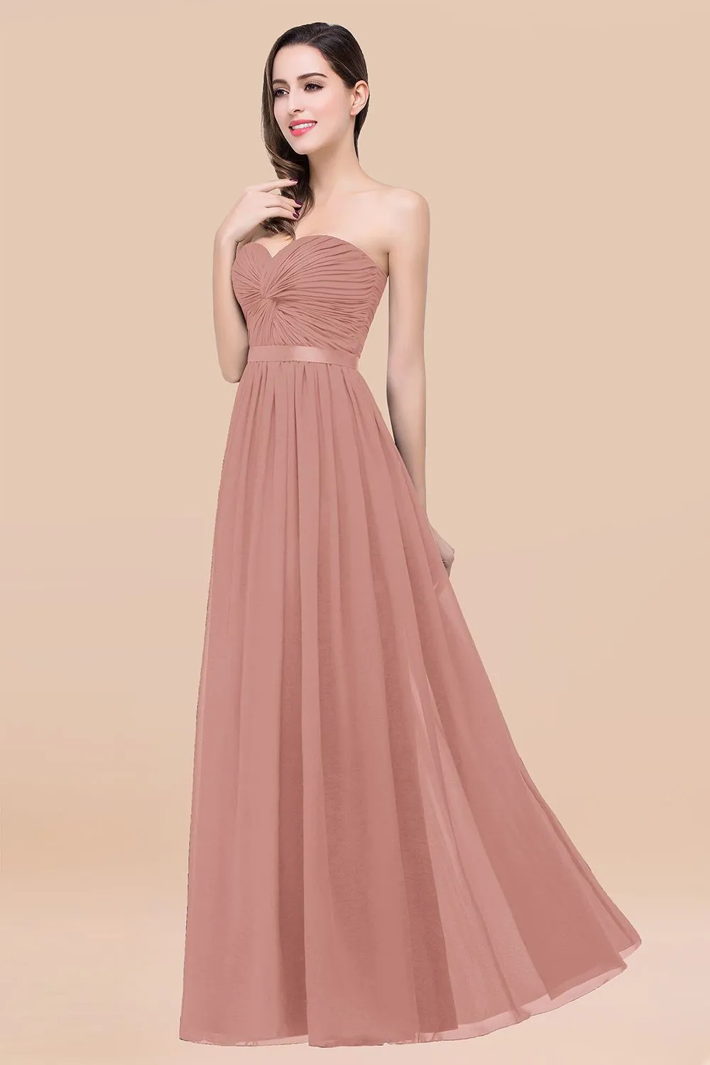 Elegant A-Line Chiffon Sweetheart Long Bridesmaid Dress with Ribbon