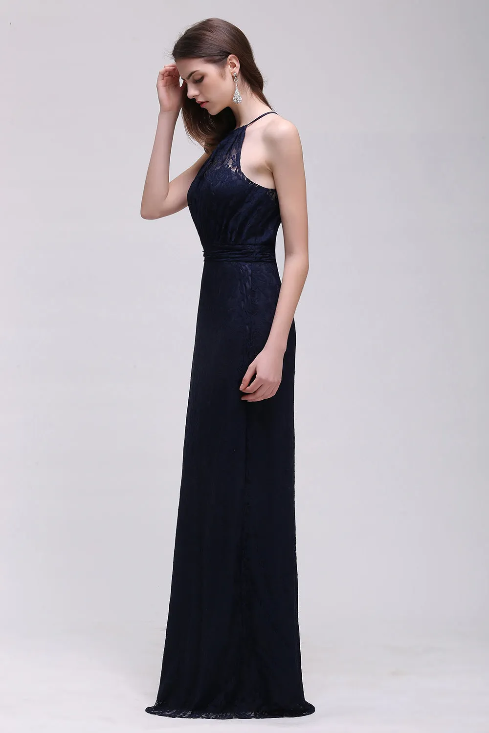 Elegant A-Line Lace Halter Sleeveless Long Bridesmaid Dress