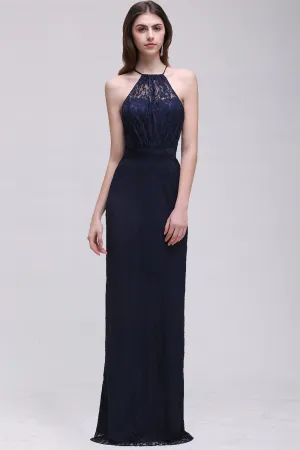 Elegant A-Line Lace Halter Sleeveless Long Bridesmaid Dress