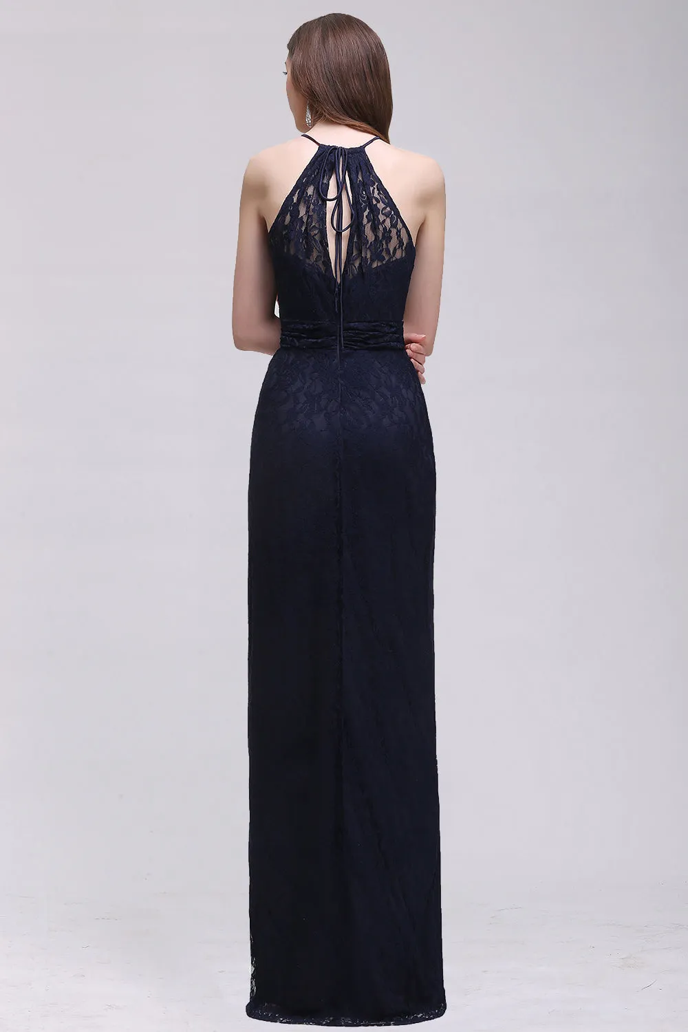 Elegant A-Line Lace Halter Sleeveless Long Bridesmaid Dress