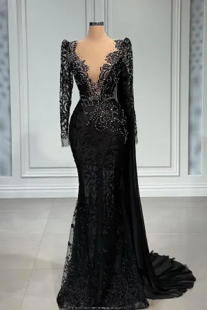 Elegant Black Long Mermaid V-neck Tulle Lace Prom Dress with Sleeves