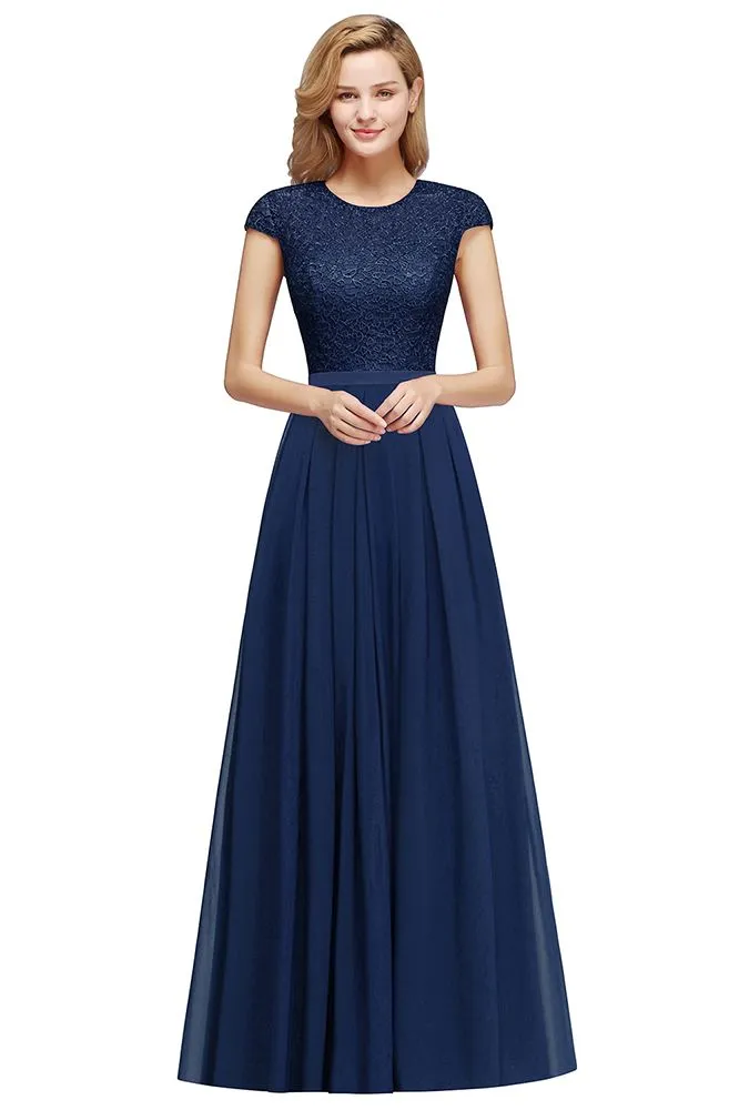 Elegant Cap Sleeves ALine Evening Swing Dress Navy Blue Long Party Dress