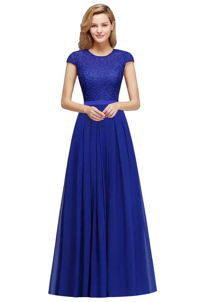 Elegant Cap Sleeves ALine Evening Swing Dress Navy Blue Long Party Dress