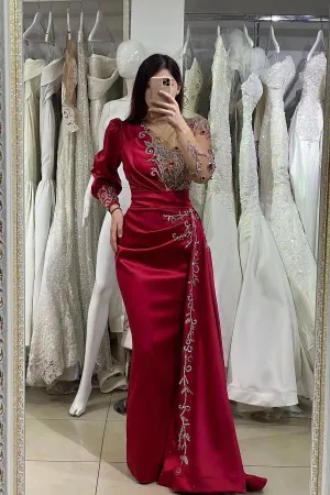 Elegant Long Mermaid Satin Burgundy Prom Dress with Sleeves