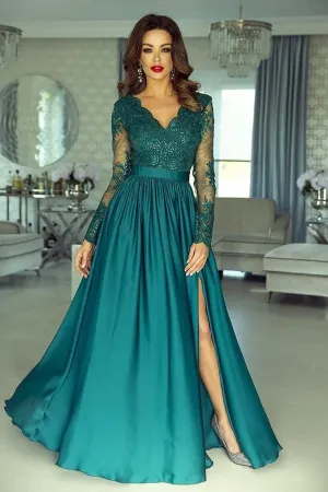 Elegant Long Sleeve A-line V-neck Lace Long Prom Dress with Slit