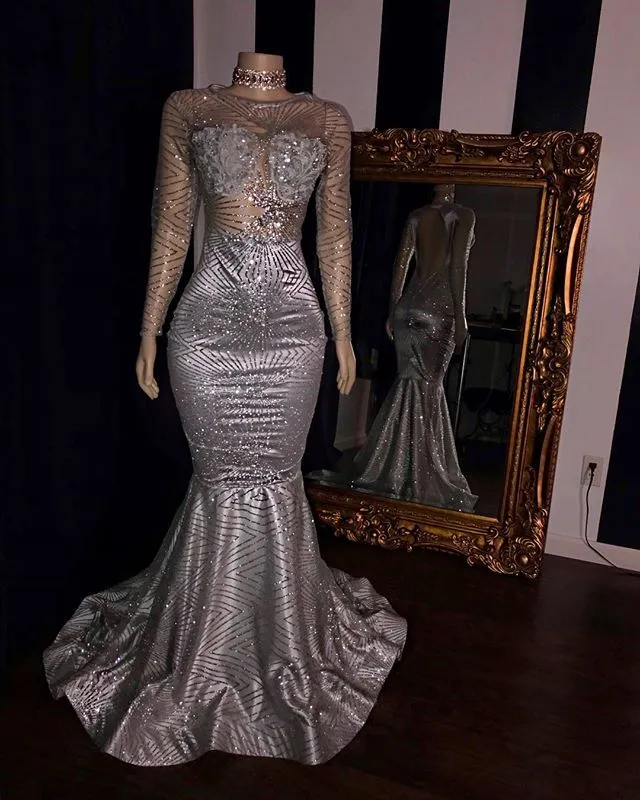 Elegant Tulle Backless Prom Dresses Sliver Long Sleeves Mermaid Evening Gowns