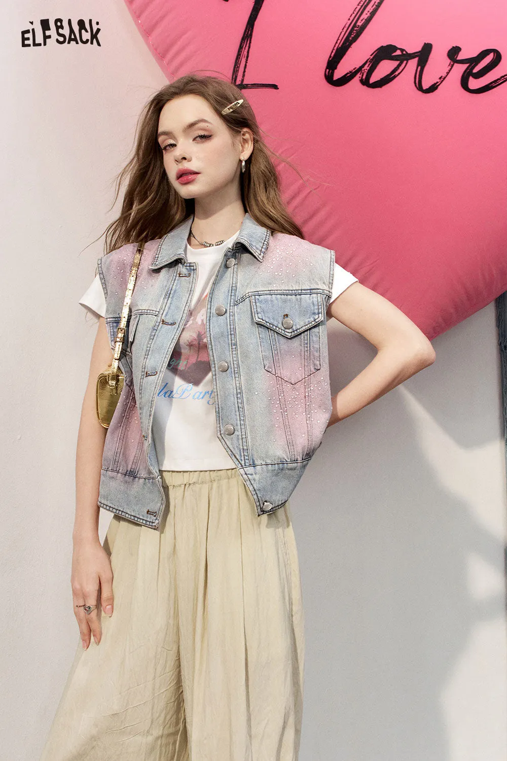 ELFSACK 2024 Summer New Arrivals Pink dyed denim vest women Sleeveless short camisole layered top