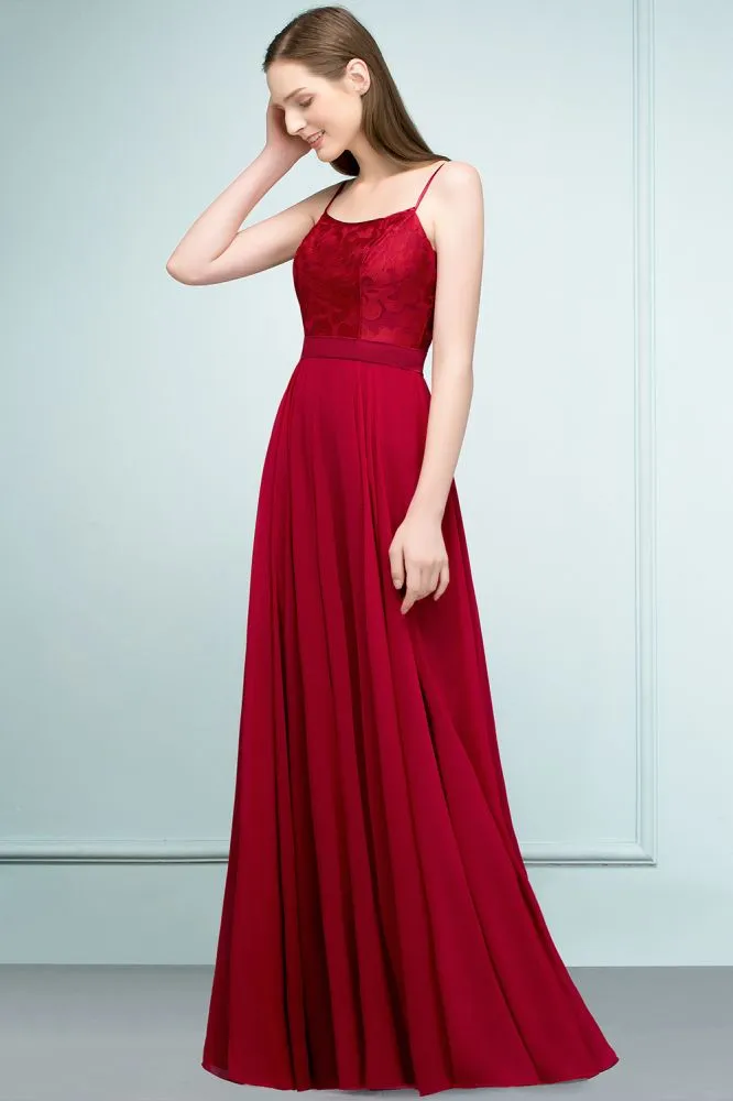 Floor Length Lace Appliques A-line Spaghetti Prom Dresses