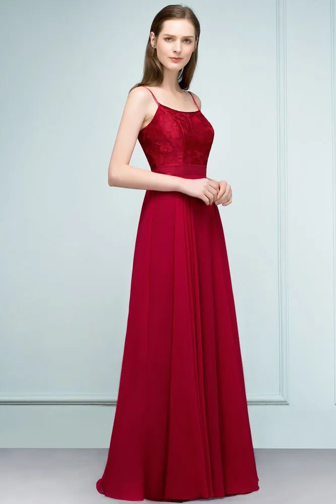 Floor Length Lace Appliques A-line Spaghetti Prom Dresses