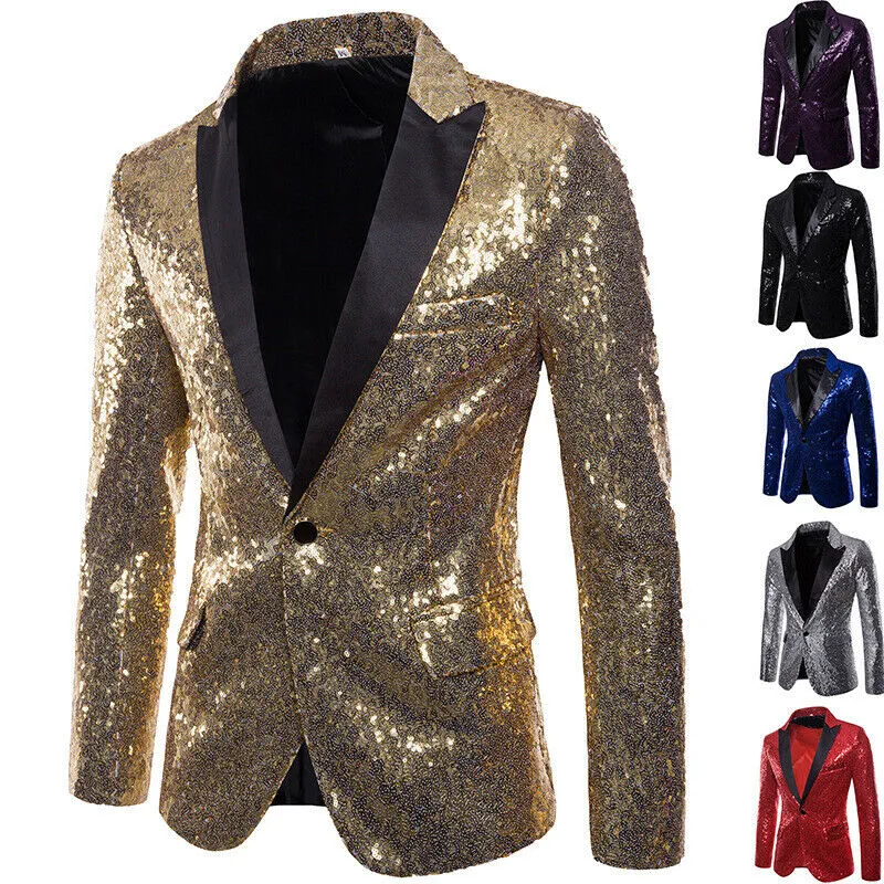 Formal Men Glitters Suit Jackets Sequins Party Button Dance Bling Coats Wedding Party Men Blazer Gentleman Formal Suit