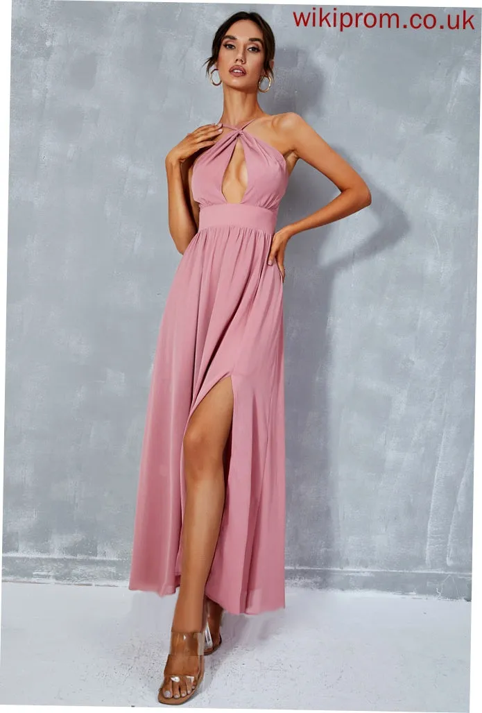 Front Split Savanah A-line Dresses Club Dresses Halter Chiffon Elegant Sleeveless Midi