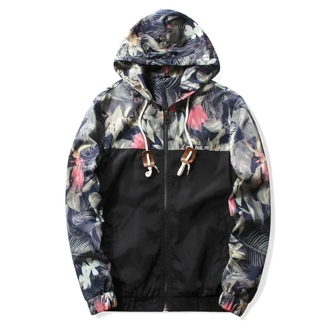 GbolsosWindbreaker Jackets Mens Hooded Jacket Sportswear Bomber Jacket Fashion Light Weight Flowers Casual Mens jackets Coats Outwear