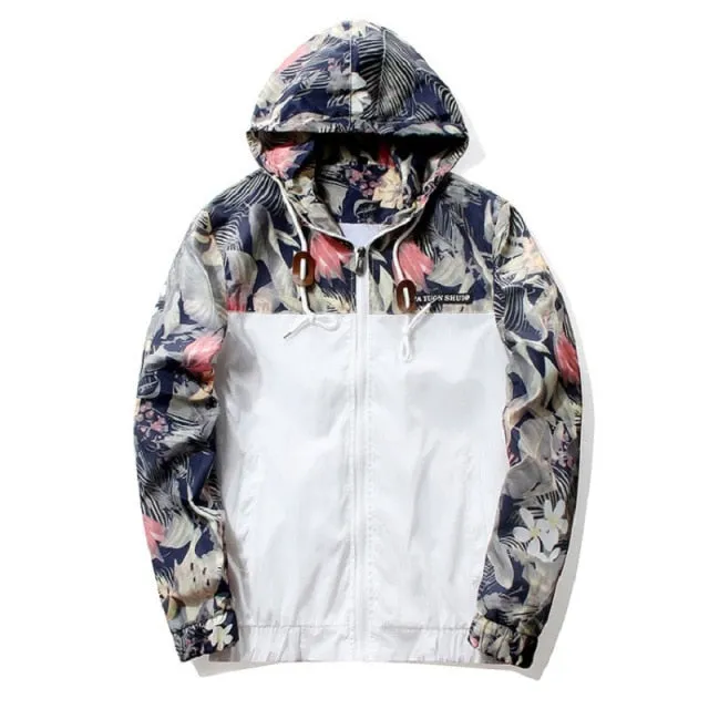 GbolsosWindbreaker Jackets Mens Hooded Jacket Sportswear Bomber Jacket Fashion Light Weight Flowers Casual Mens jackets Coats Outwear