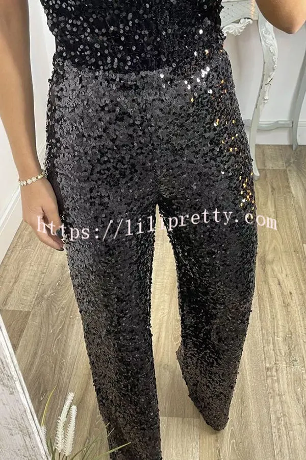 Glitzy Glamour Sequin High Rise Elastic Waist Wide Leg Pants