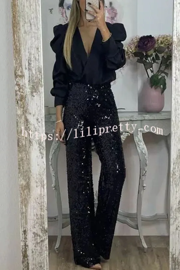 Glitzy Glamour Sequin High Rise Elastic Waist Wide Leg Pants