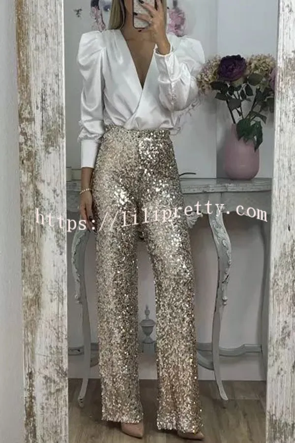 Glitzy Glamour Sequin High Rise Elastic Waist Wide Leg Pants