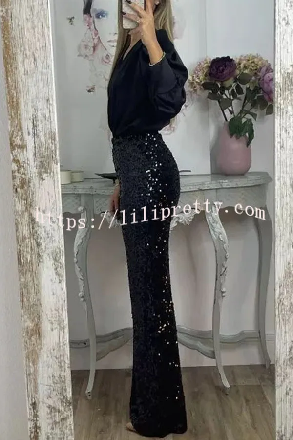 Glitzy Glamour Sequin High Rise Elastic Waist Wide Leg Pants