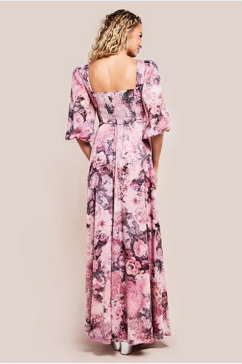 Goddiva Printed Shirred Back Maxi Dress - Blush