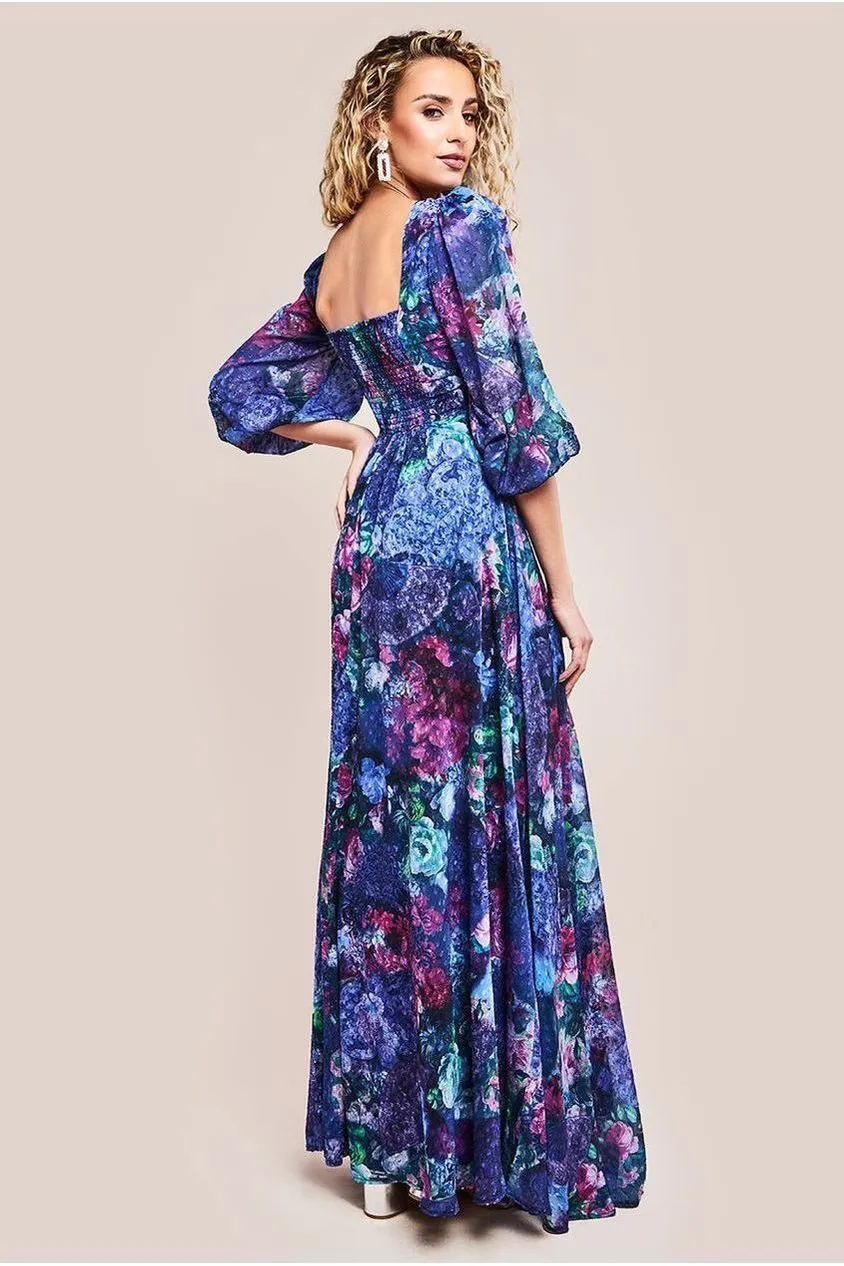 Goddiva Printed Shirred Back Maxi Dress - Navy