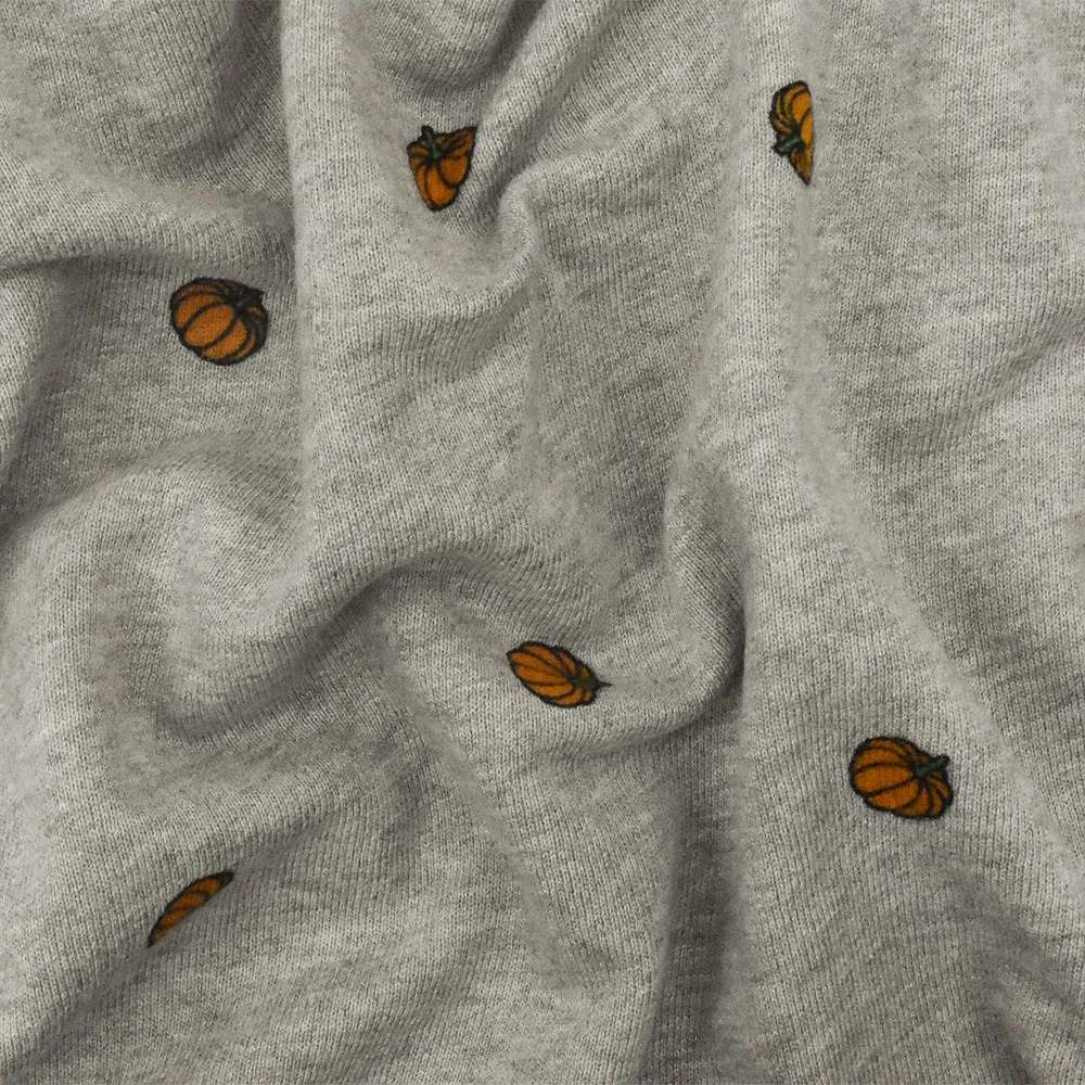 Heather Gray-Orange-Multi Pumpkin Printed Cotton French Terry Knit Fabric