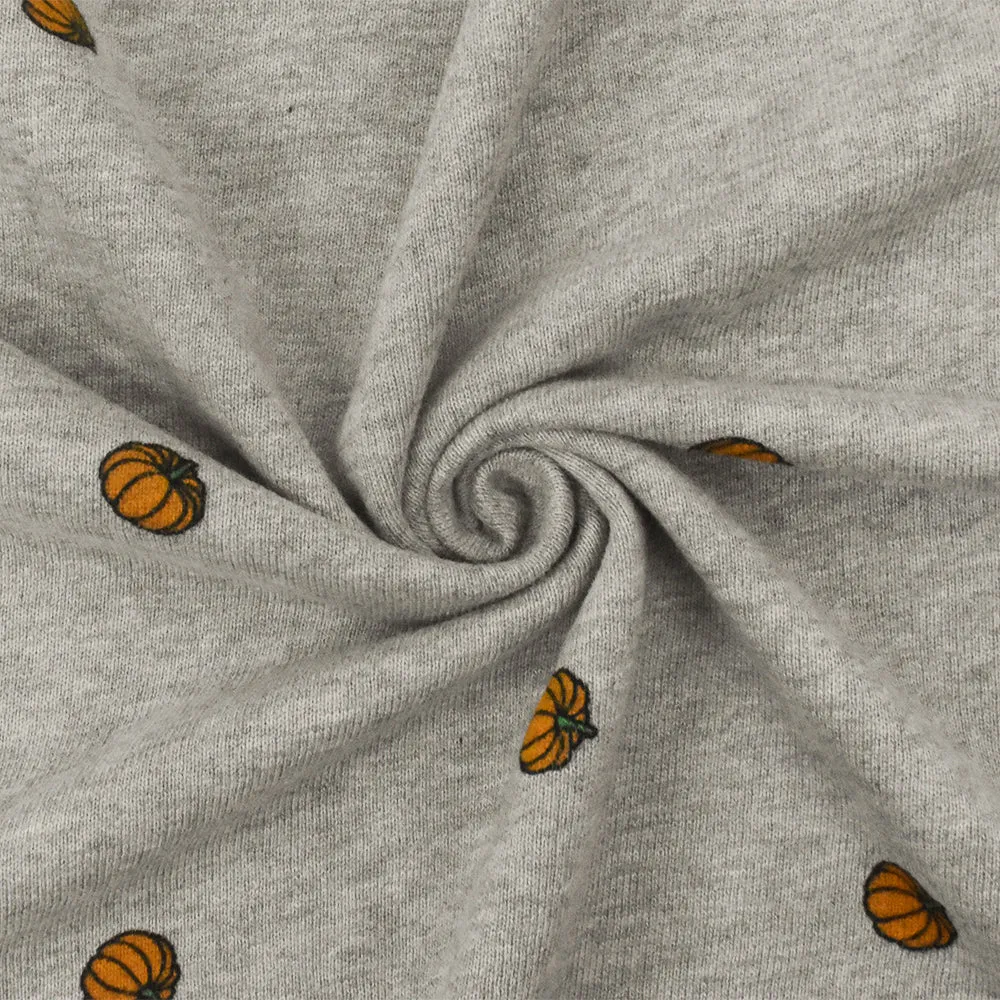 Heather Gray-Orange-Multi Pumpkin Printed Cotton French Terry Knit Fabric