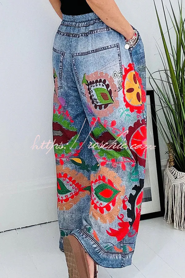 Hippie Style Unique Floral Denim Print Elastic Waist Pocketed Wide Leg Pants