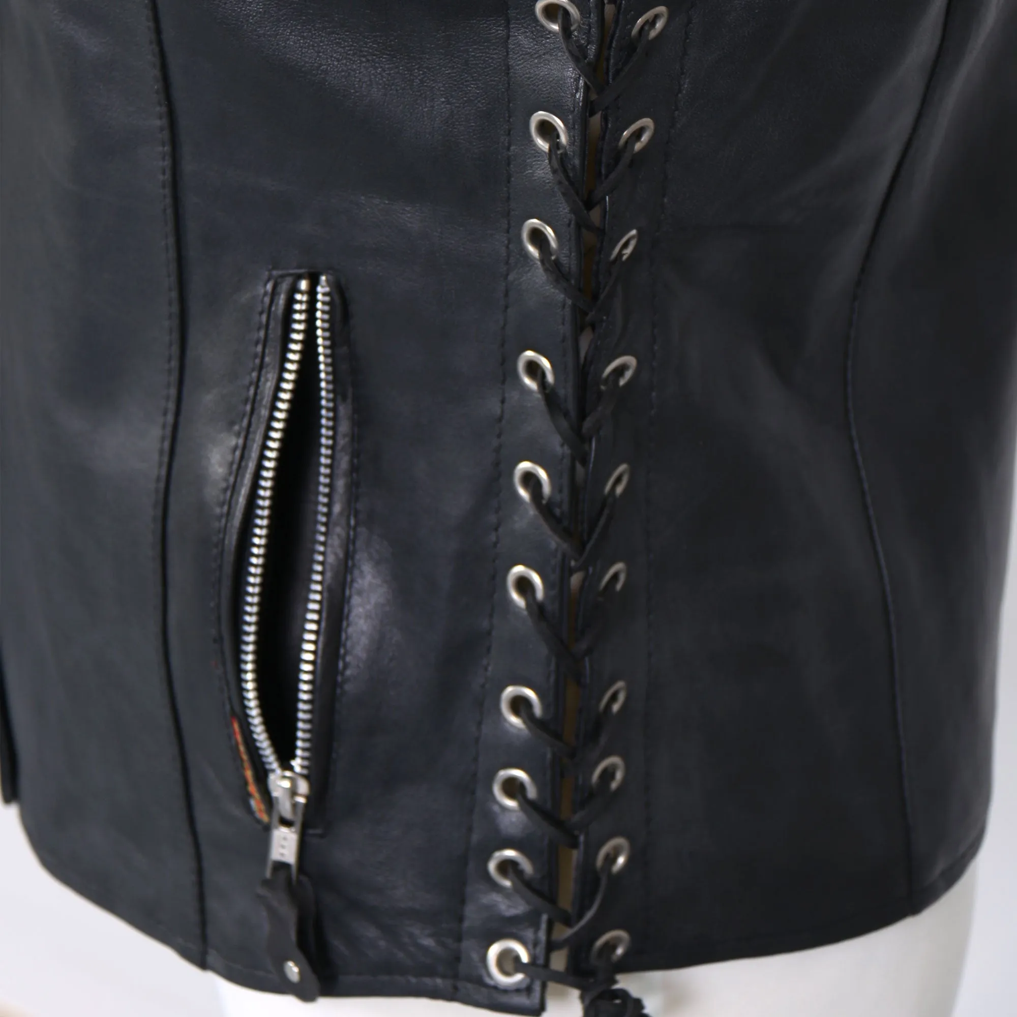 Hot Leathers VSL1010 Ladies Motorcycle Black Lambskin Side Lace Biker Vest