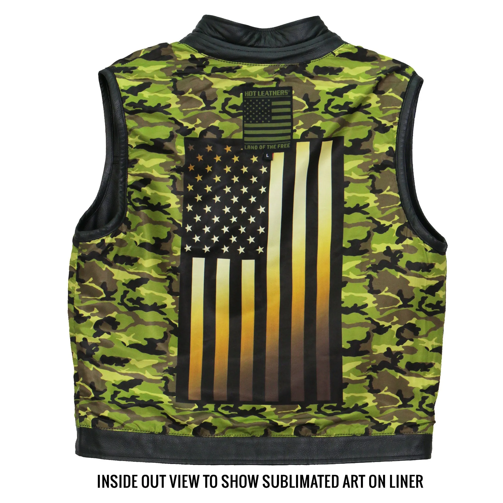 Hot Leathers VSM1058 Men's Black 'Camo Flag' Motorcycle Club Style Conceal and Carry Leather Biker Vest