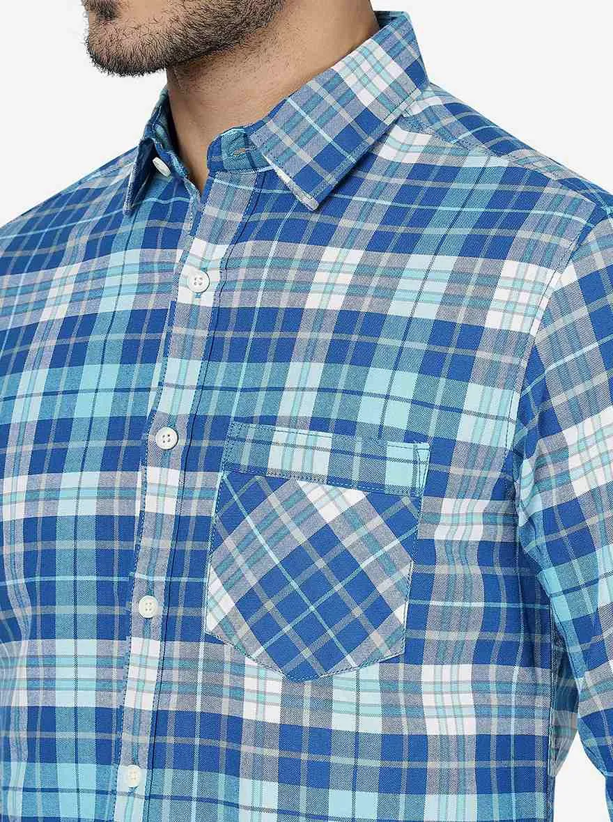 Imperial Blue Checked Slim Fit Casual Shirt | Greenfibre