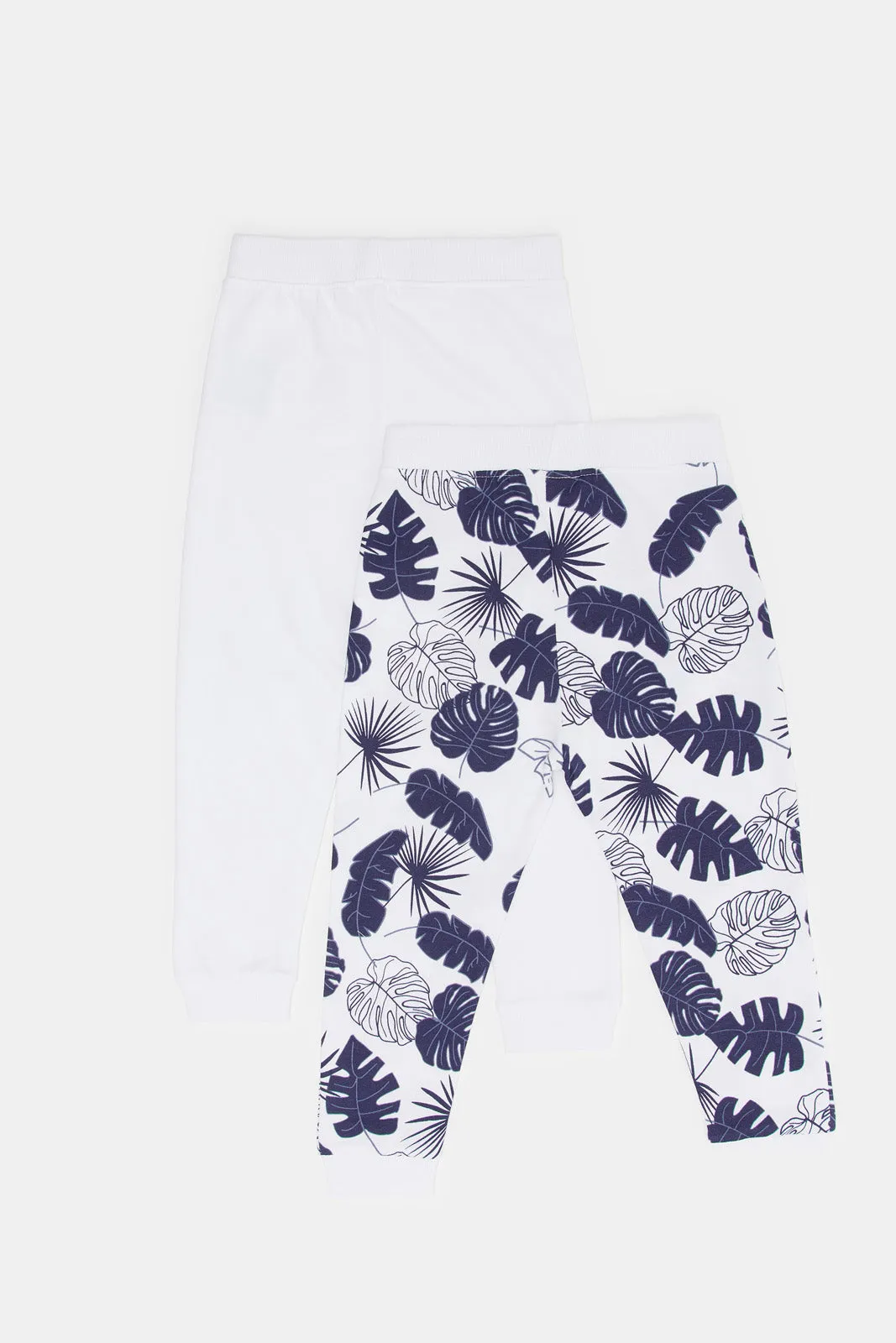 Infant Boys white Plain And Navy Leaves Printed Active Pants Set (2 Piece)