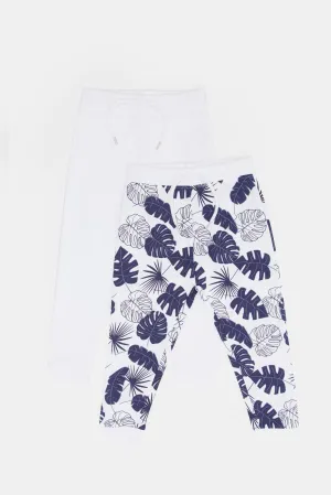 Infant Boys white Plain And Navy Leaves Printed Active Pants Set (2 Piece)