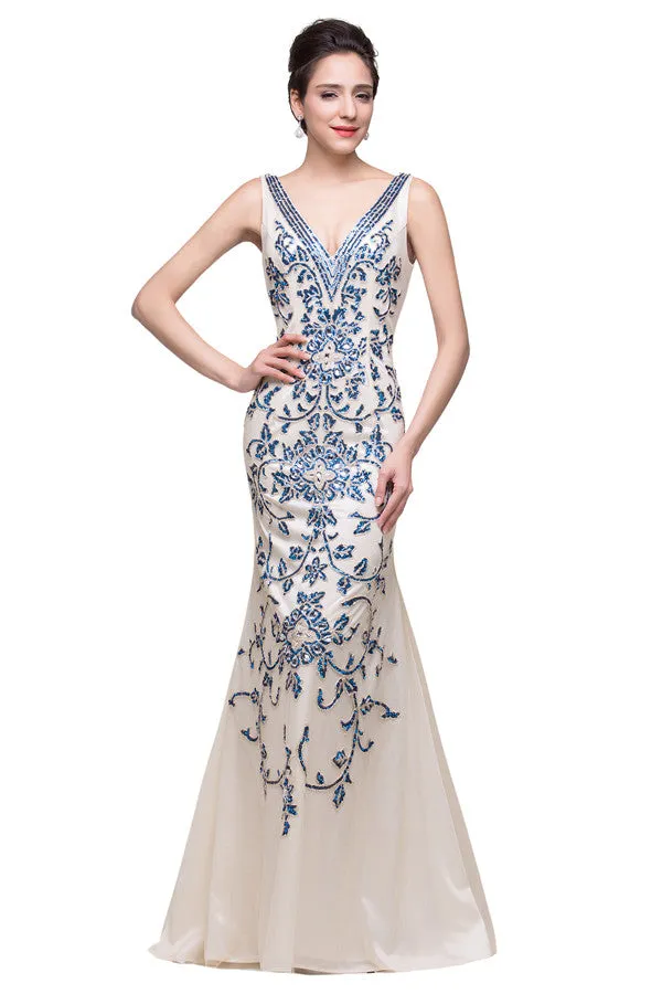 Ivory V-Neck Floor-length Appliques Mermaid Formal Dresses