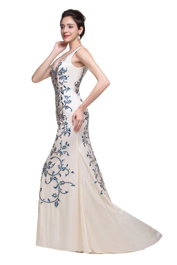 Ivory V-Neck Floor-length Appliques Mermaid Formal Dresses